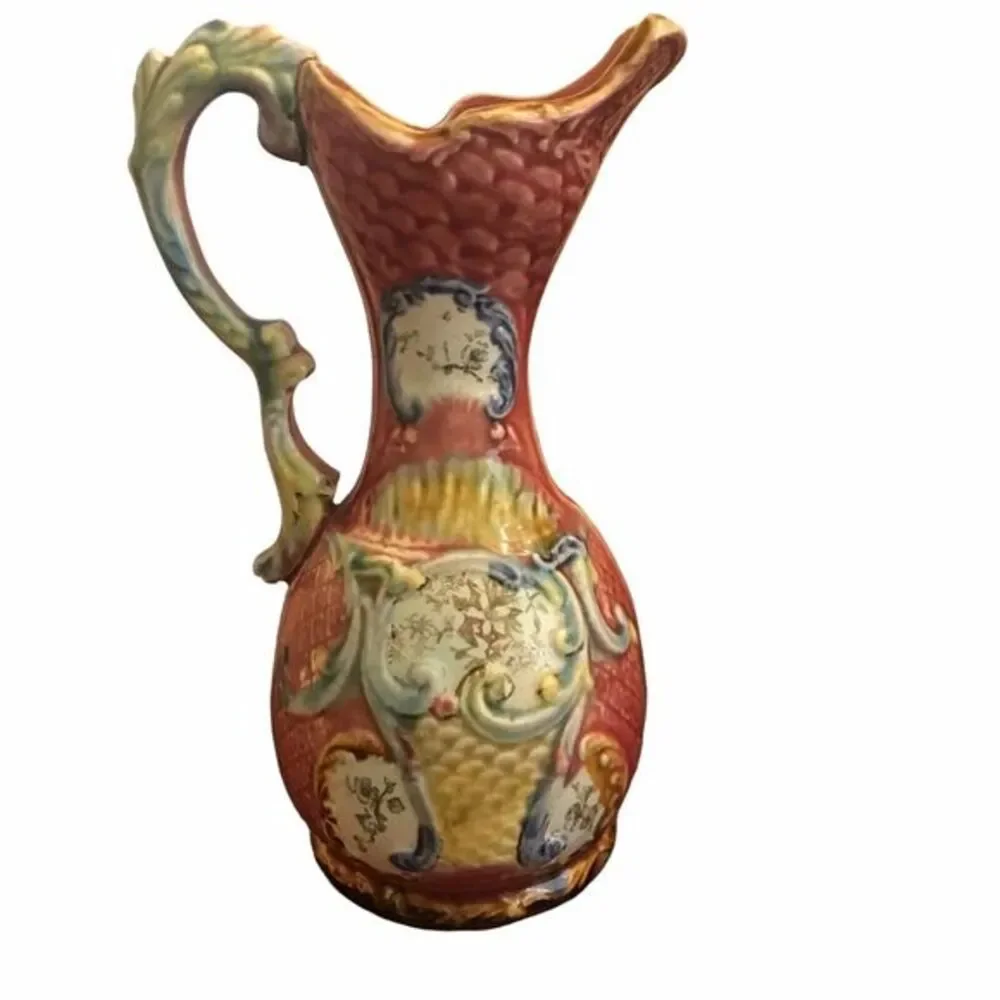 Majolica Ewer Ceramic Floral Pottery Vase/Pitcher 825 Rose Color Vintage‎